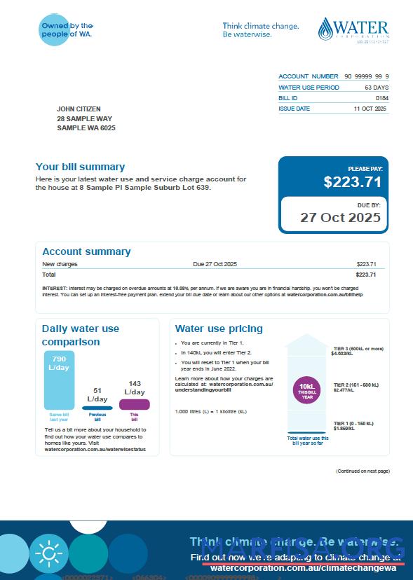 Blank Australia Water Corporation utility bill template in Word and PDF formats